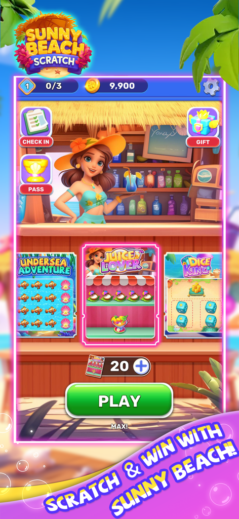 Sunny Beach Scratch - Sunny Beach Scratch Spiel-Lobby-Bildschirm mit Rubbellosen im Sommer-Thema und tropischem Hintergrund