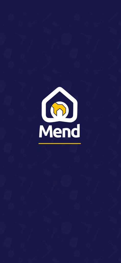 Mend - مند - 어두운 파란색 배경에 노란색 렌치가 있는 흰색 집 로고가 특징인 Mend 앱 스플래시 화면