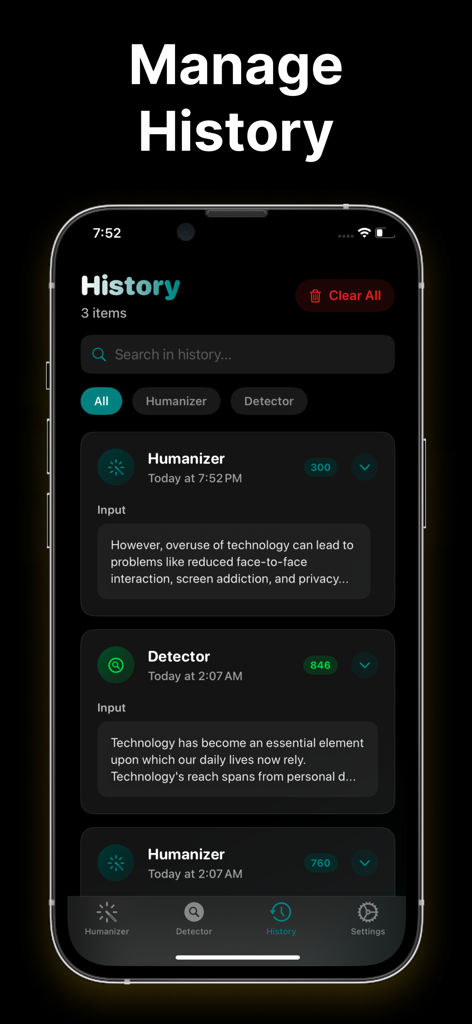AI Humanizer - Paraphrase Tool - Una captura de pantalla de la pantalla de historial de la aplicación Humanizador de IA que muestra una lista de elementos de texto previamente humanizados y detectados