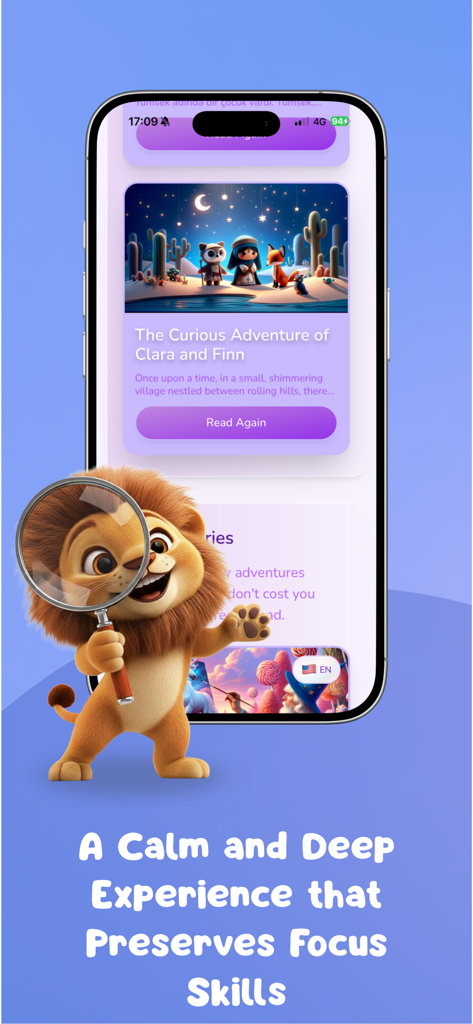 Fablio - Create Your Story! - A smartphone showing the Fablio app story interface with a friendly lion mascot and 3D bedtime story characters.