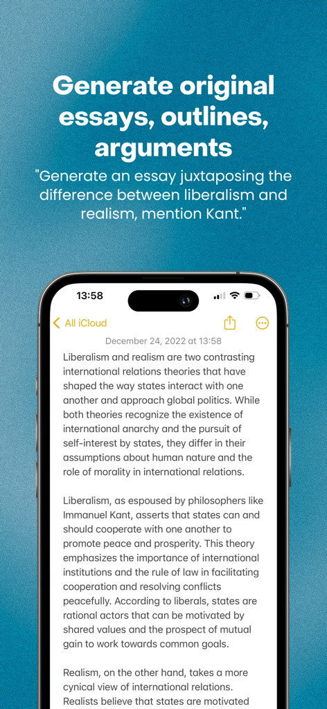 A smartphone screen displaying an AI generated essay on liberalism and realism created with the Rizz app