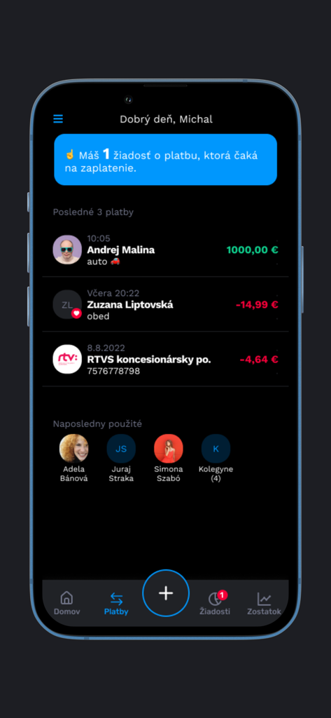 Tatra banka VIAMO - Tatra banka VIAMO payment history and request screen