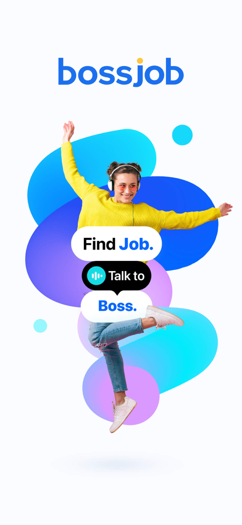 A cheerful young woman jumping against a colorful background with the text Find Job Talk to Boss