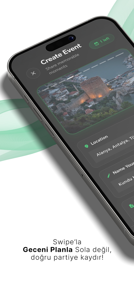 Tanışma, Arkadaşlık & Flört - iPhone displaying the create event screen of the Skoal dating app with a location set in Alanya Turkey