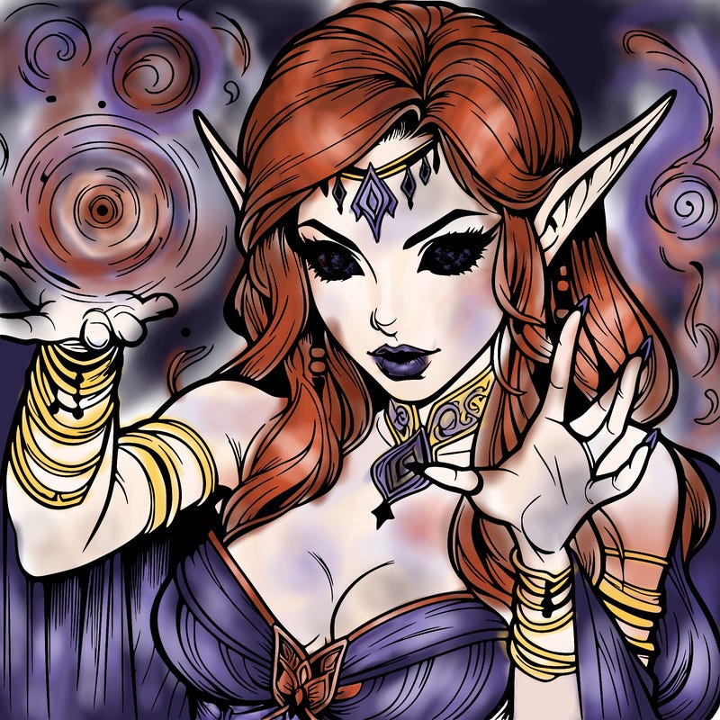 realistic scary beautiful elf sorceress casting spell