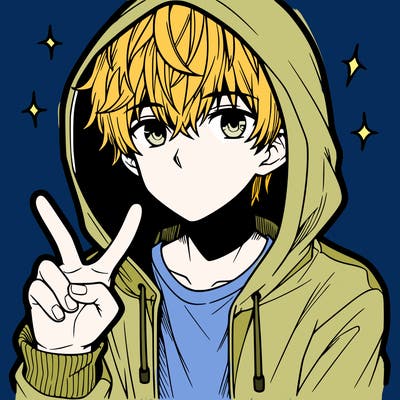 teenage manga boy in a hoodie, doing ✌