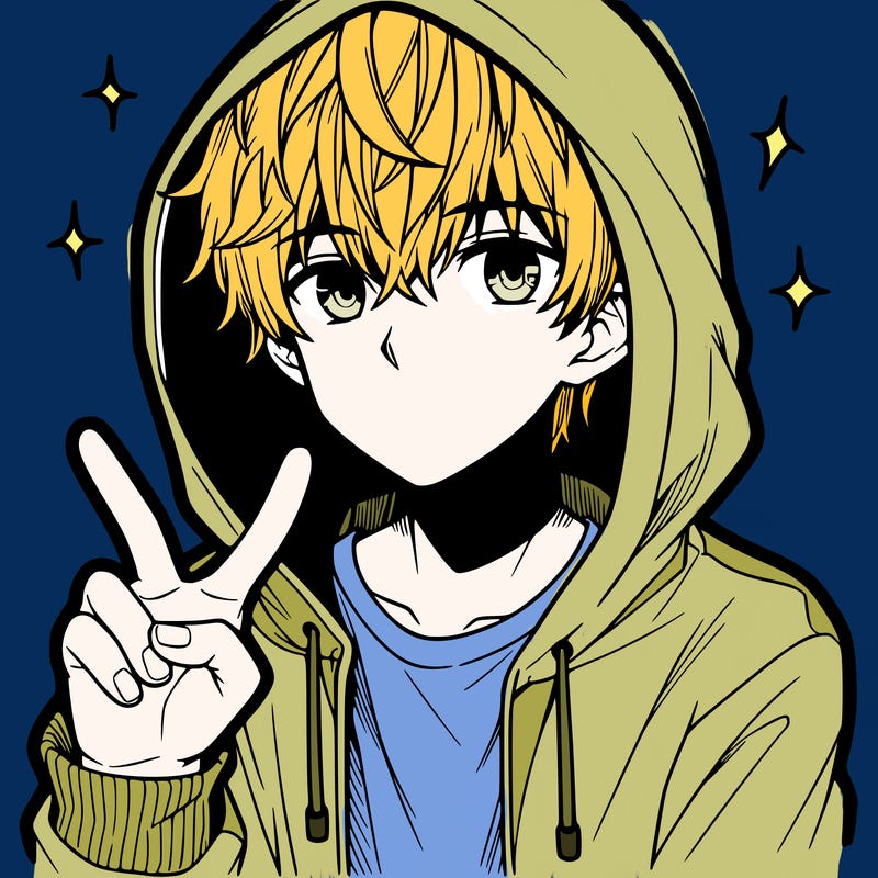 teenage manga boy in a hoodie, doing ✌