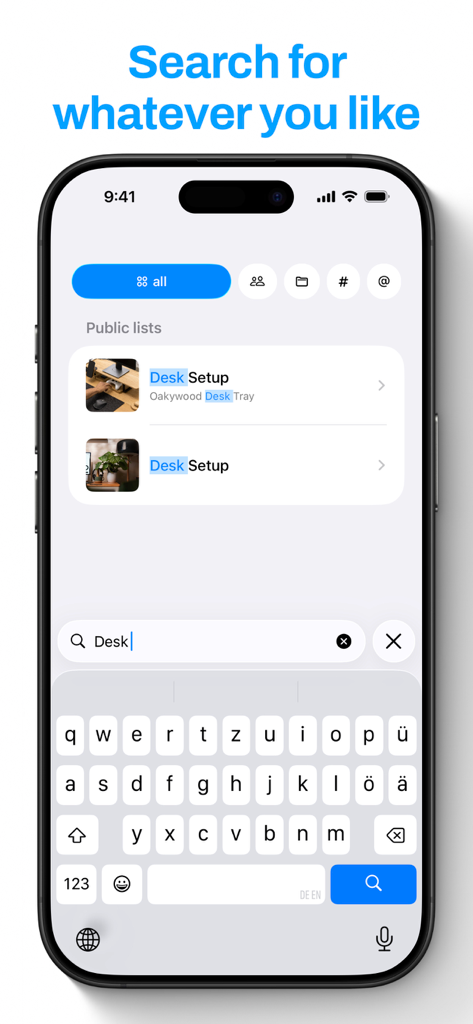 Wishlist – Share & Discover - A search screen in the Wishlist app showing public list results for a desk setup with a clean native iOS interface