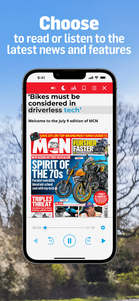 MCN: Motorcycle News Magazine - MCN Motorcycle News magazine app interface on a smartphone showing the read or listen feature