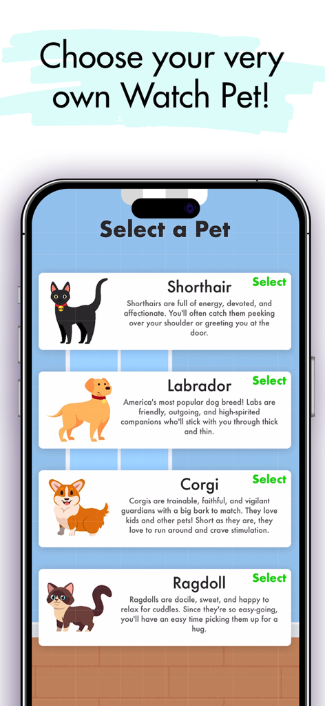 Watch Pet: Widget & Watch Pets - A tela de seleção de animais de estimação no aplicativo Watch Pet, apresentando várias raças de gatos e cães para adotar.