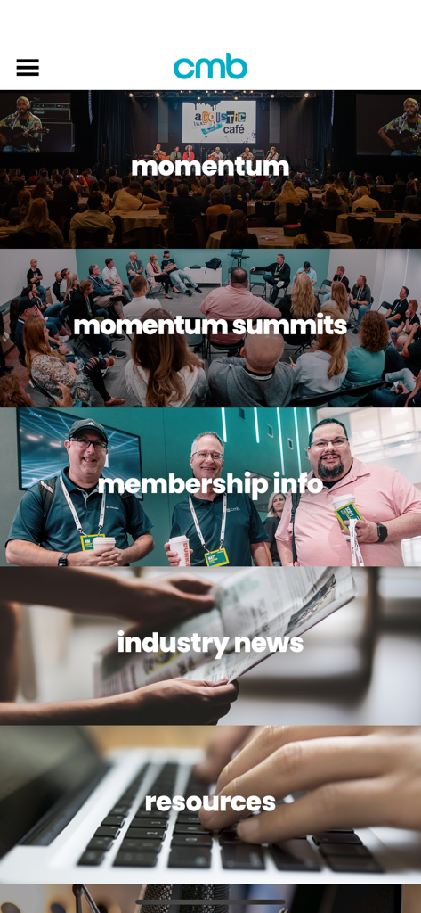 Christian Music Broadcasters - The home screen of the Christian Music Broadcasters app featuring sections for Momentum events industry news and professional resources
