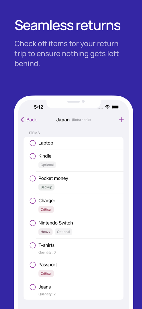 Packed Up: Smart packing - A mobile app interface showing a travel packing list for a return trip with item categories and checkboxes.