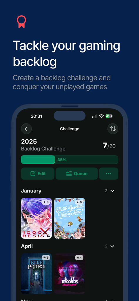 GameTrack app interface showing a 2025 gaming backlog challenge with progress tracking and game collection