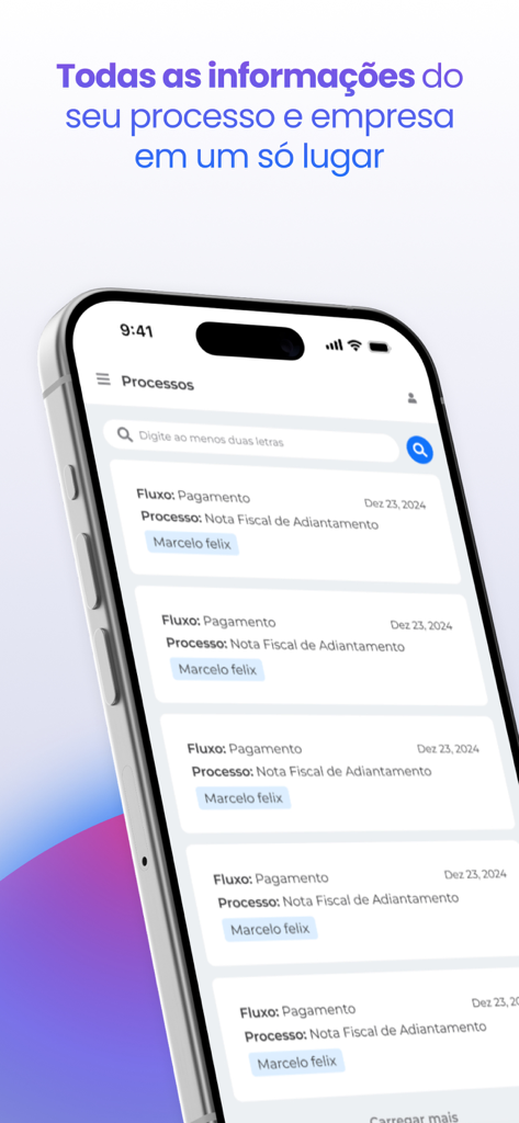 Tela de smartphone exibindo a lista de processos do aplicativo Holmes com fluxo de pagamento e detalhes de rastreamento de faturas.