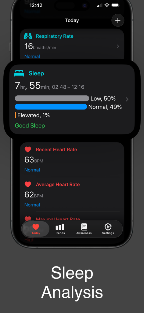 CardioBot app interface showing a sleep analysis summary with duration and heart rate data