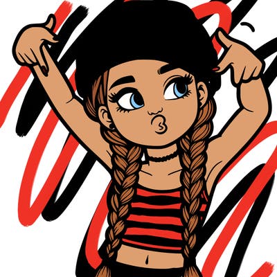 realistic teenage girl with braids and a beanie and crop top doing 🫶🏼