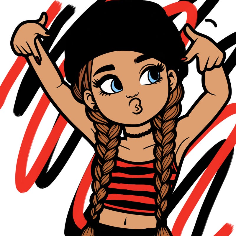 realistic teenage girl with braids and a beanie and crop top doing 🫶🏼