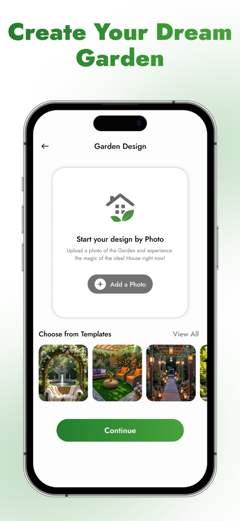 Bildschirm der mobilen App AI Garden Design mit Optionen zum Hinzufügen eines Fotos oder zur Auswahl von Landschaftsvorlagen