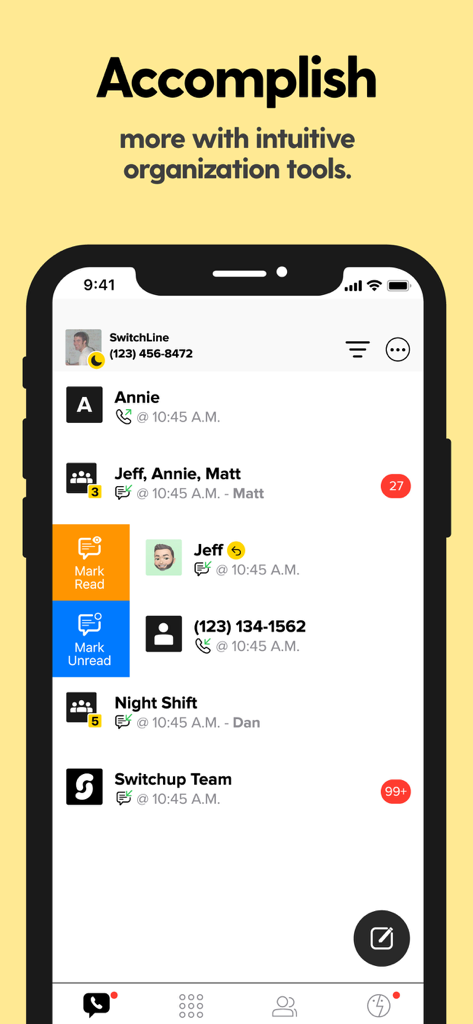 SwitchUp - Second Phone Number - Interface of the SwitchUp app showing messaging organization tools like mark as read and mark as unread options.