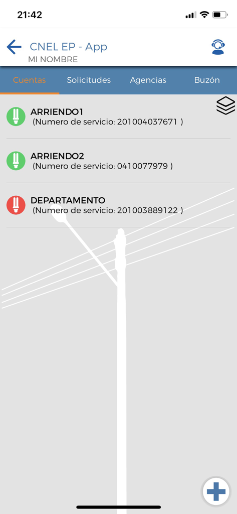 CNEL EP - Interface of the CNEL EP app showing a list of electricity accounts for different properties