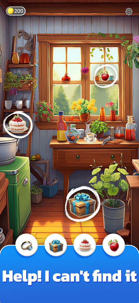 Find N Seek: Spy Hidden Object - Une scène de cuisine confortable et ensoleillée dans le jeu Trouve-N-Cherche avec des objets cachés mis en évidence comme un gâteau et une boîte cadeau.