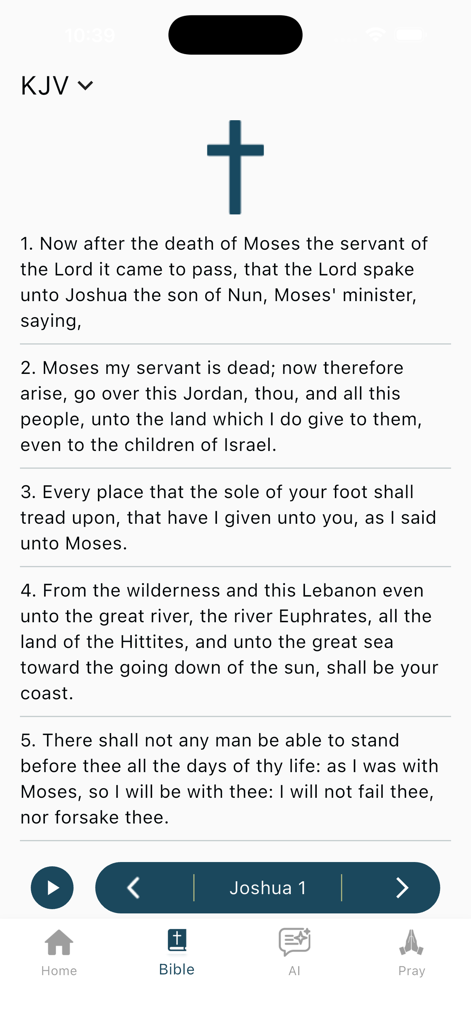 Biblity app interface showing Bible verses from Joshua 1 in KJV translation