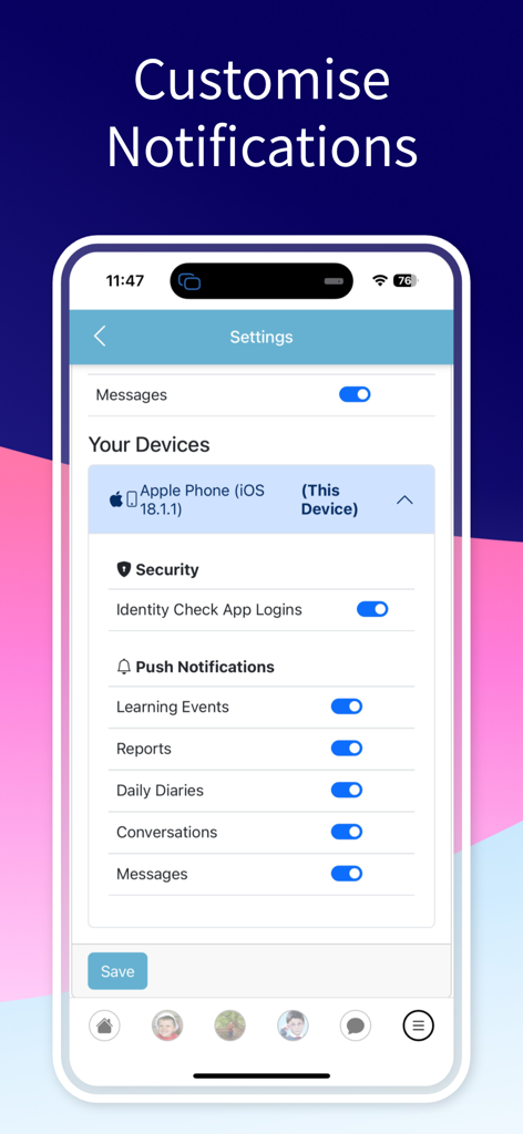 Interface for customizing push notifications in the Learning Journals ParentZone app including learning events and daily diaries