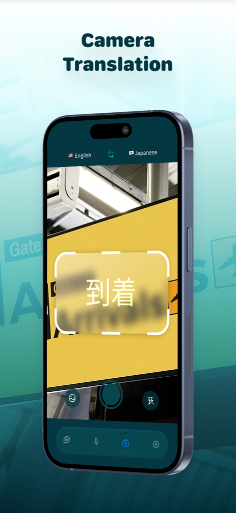 Hey Translator app camera feature translating a Japanese airport sign into English