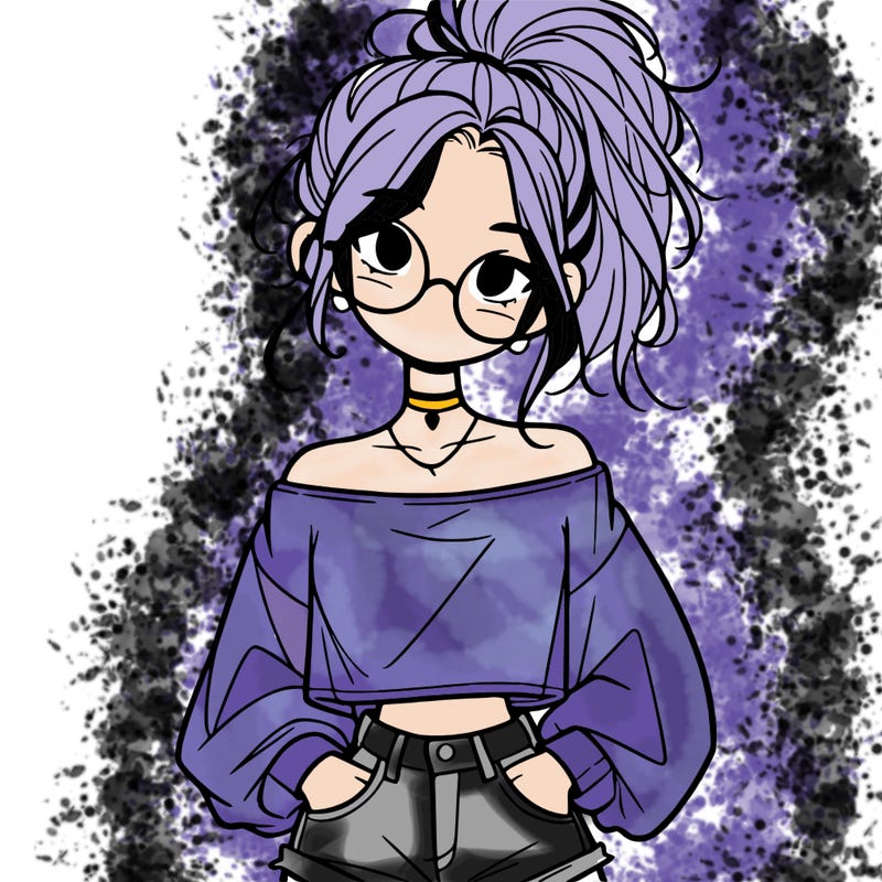 girl with a messy ponytail glasses a baggy crop top and jean shorts