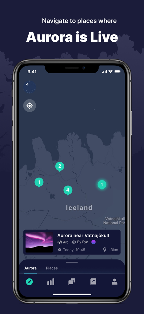 Lumyros - Lumyros app interface showing a live map of northern lights sightings in Iceland