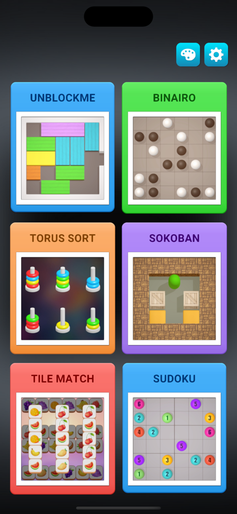Puzzledom 3D - Main menu screen of Puzzledom 3D showing tiles for various puzzle games including Sudoku and Sokoban