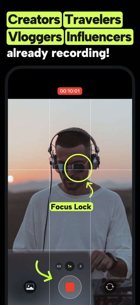 Hyperlapse Timelapse Video Cam - Écran d'enregistrement de caméra de l'application Hyperlapse montrant la fonction de verrouillage de la mise au point sur un créateur