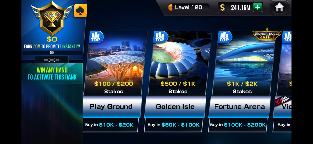 Interfaz de Winning Poker que muestra varias opciones de selección de mesa como Play Ground y Golden Isle con diferentes niveles de apuesta y buy-ins.