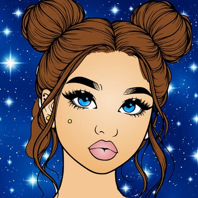 realistic girl with two buns on her hair and lips