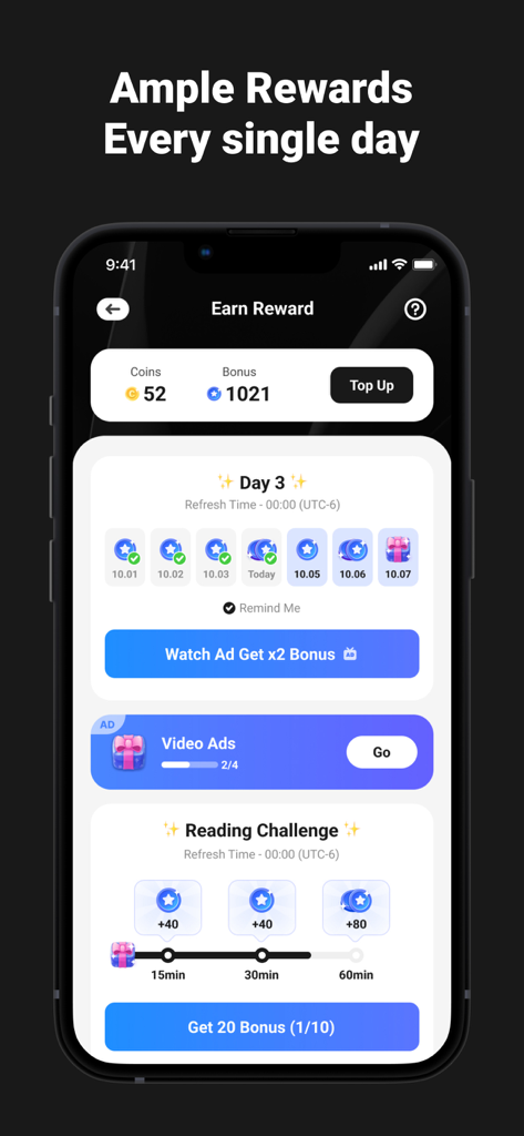 Stolybook - Where Story Shines - Stolybook app Earn Reward screen showing daily bonuses and reading challenge progress