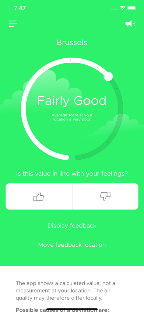 BelAir - Screenshot of BelAir app displaying a Fairly Good air quality rating in Brussels with feedback options