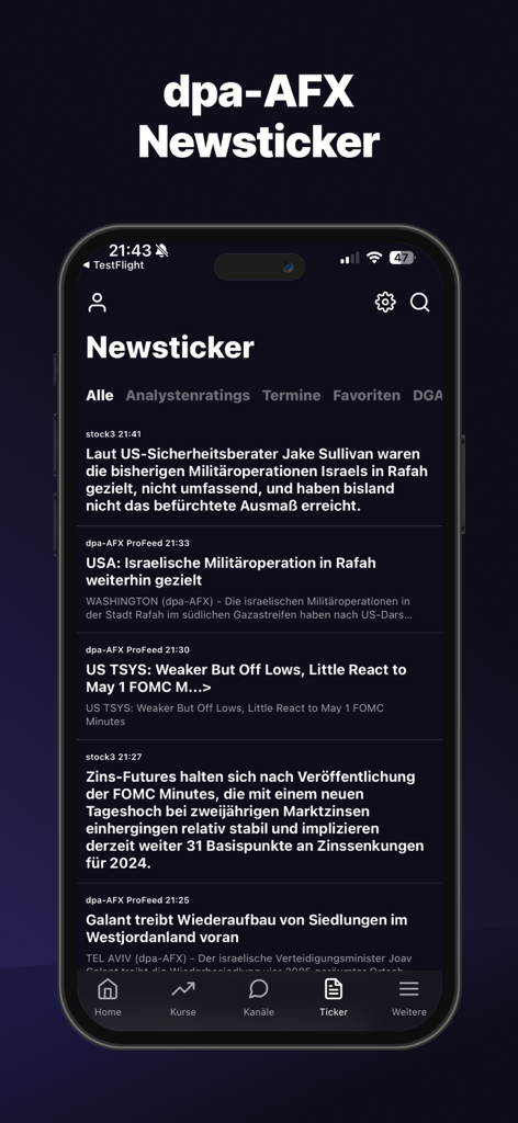 Ticker d'actualités financières en temps réel de l'application Goldesel montrant les gros titres du marché et les mises à jour des analystes sur un iPhone.