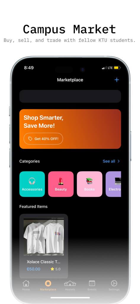 Interfaccia dell'app KTU SRC che mostra il mercato del campus con categorie di shopping come accessori e libri.