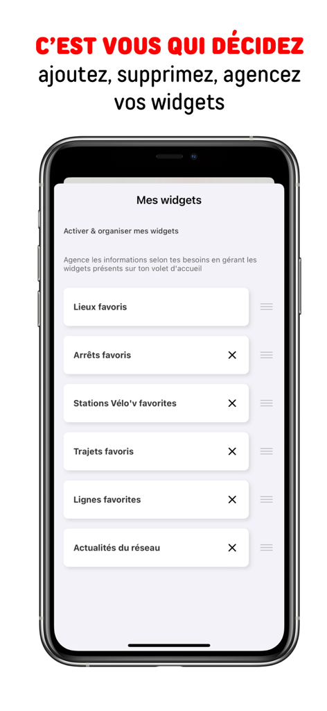 TCL - A smartphone screen displaying the TCL app's personalization menu for organizing widgets like favorite transit stops and bike stations.