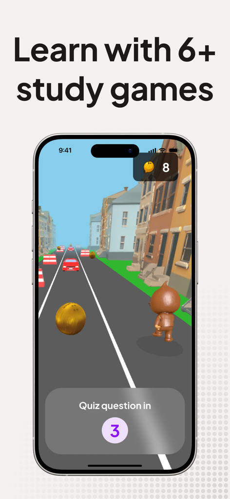 A 3D study game interface on the Coconote mobile app showing a character on a road with a quiz countdown.