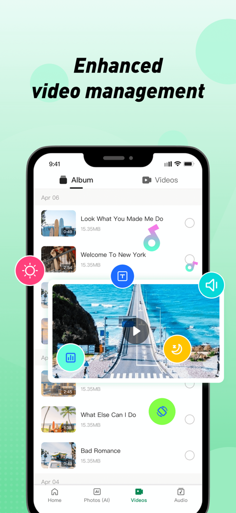 Xender app interface showing a video album list and an integrated video player with playback controls