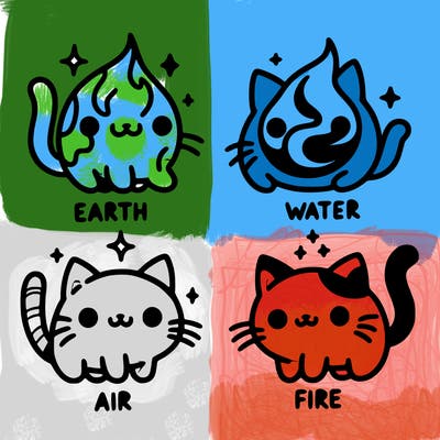 4 cats that represent the different elements, earth, water, air, and fire