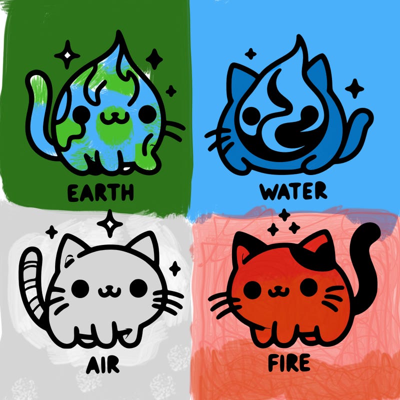 4 cats that represent the different elements, earth, water, air, and fire