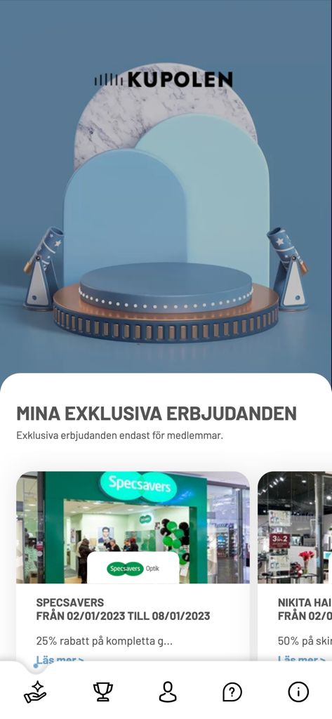 Kupolens Kundklubb - Oberfläche der Kupolens Kundklubb-App mit exklusiven Mitgliederangeboten und Markenrabatten