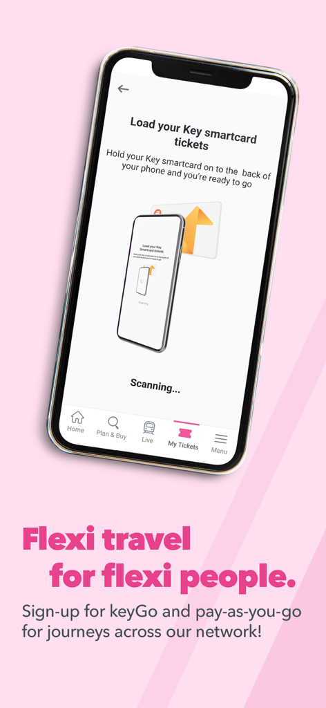 A smartphone showing the Thameslink Railway app interface for loading a Key smartcard to enable flexible pay as you go travel.