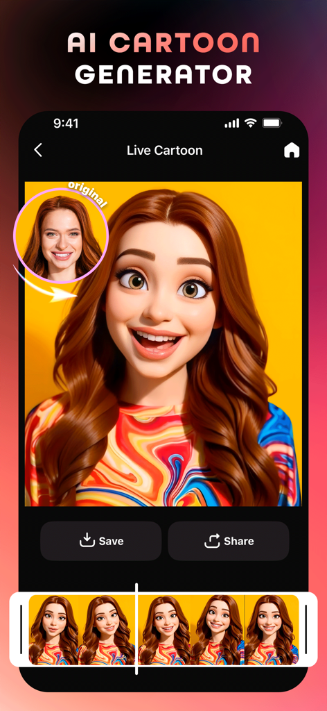 AI Maker: Photo Art Generator - Interfaz de la aplicación AI Maker que muestra una foto transformada en un personaje de dibujos animados en 3D utilizando la función de Generador de Caricaturas de IA.