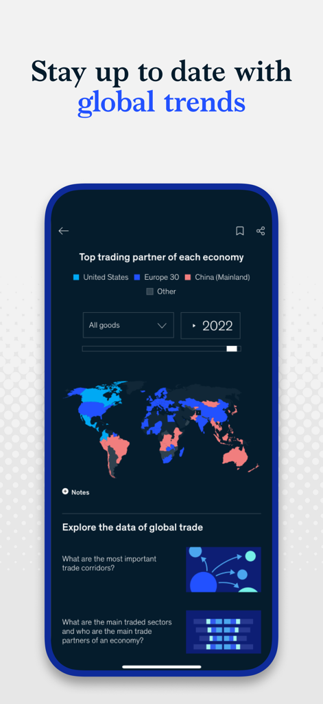 McKinsey Insights - McKinsey Insights app displaying a world map visualization of global trade partners