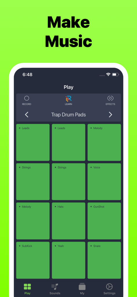 Interfaz de la app móvil Trap Drum Pads 24 con una cuadrícula de pads de batería verdes para hacer música.