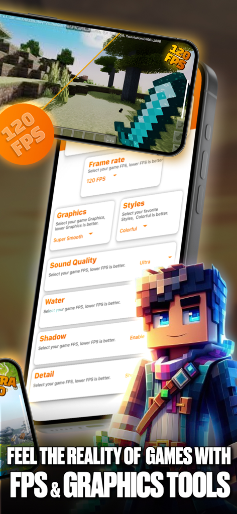 Interfaz de la aplicación móvil que muestra ajustes de optimización gráfica que incluyen tasa de fotogramas y calidad de sonido para juegos móviles