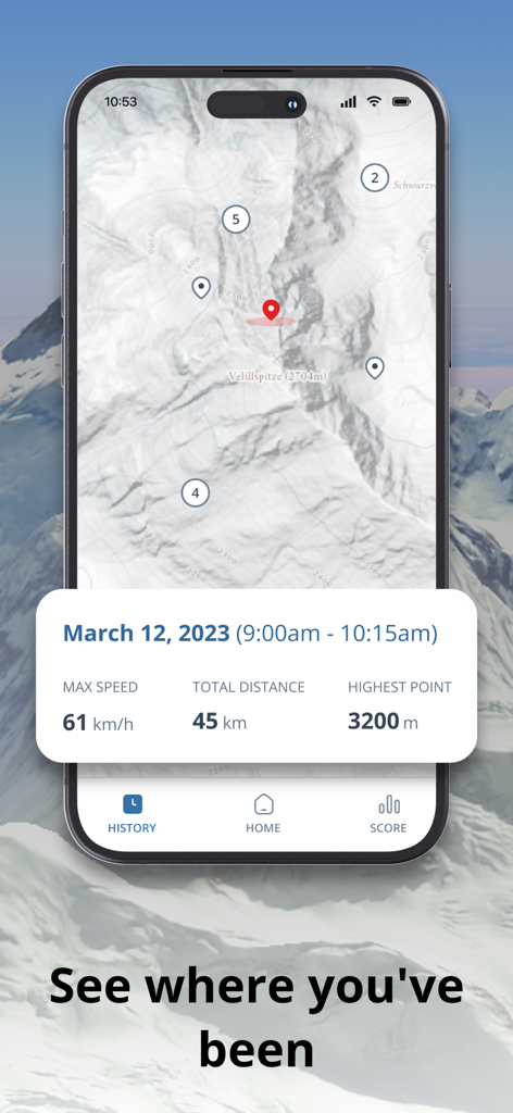 SnowTrack mobile app showing a ski session history with a topographical map and performance statistics like speed and distance